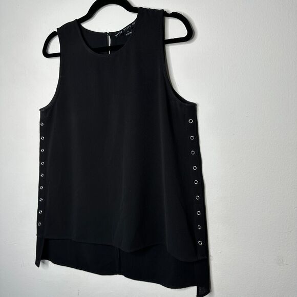 HYFVE Black with Silver Grommet Sleeveless Silky Hi Low Tunic Tank Keyhole Back - Picture 5 of 16